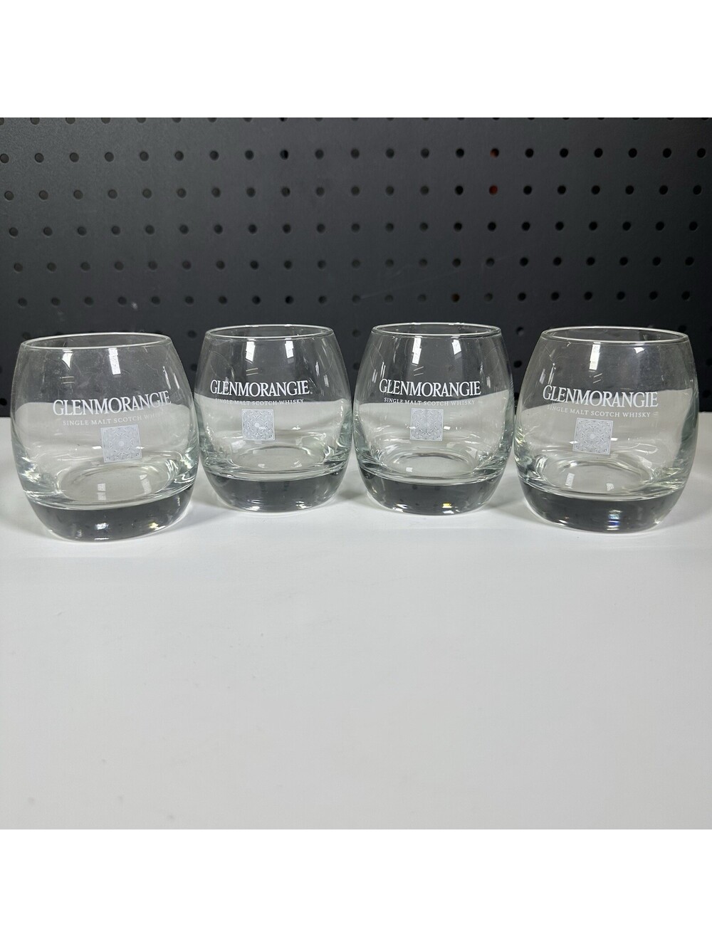 Glenmorangie Set of 4 Single Malt Scotch Whisky Glasses Etched Logo Barrel Shape
